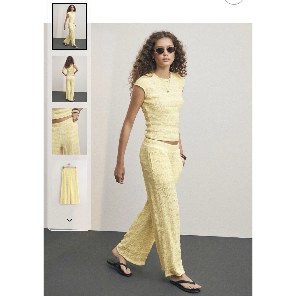 GLG Petite Textured Stretch Trousers Yellow High Waisted Wide Leg Pants  Small